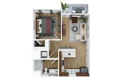 3D floor plan with 2 bedrooms and open layout at The Park on Washington Apartments, California, 92562
