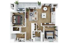 3D floor plan with two bedrooms and open living area at The Park on Washington Apartments, Murrieta, CA