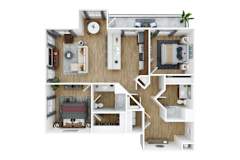 3D floor plan with two bedrooms and open layout at The Park on Washington Apartments, Murrieta, California