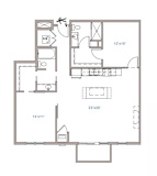 A floor plan of a house with a kitchen, living room, and two bedrooms.