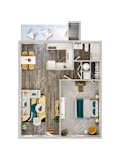 Floor plan of a bedroom apartment with a bathroom and a living room