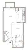 One bedroom apartment layout with open kitchen at 1800 Lake Apartments, Minneapolis, Minnesota