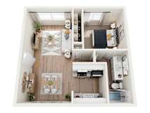 A top-down view of a small, neatly organized apartment with a kitchen, living room, and bathroom.
