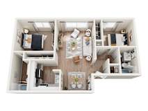 A top-down view of a small apartment layout with a kitchen, living room, and bedrooms.