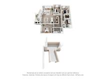 A 3D floor plan of a house with a staircase.
