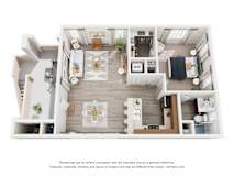 A 3D floor plan of a small apartment with a kitchen, living room, and bathroom.