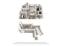 A 3D floor plan of a house with a staircase.