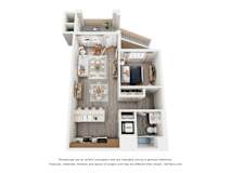 A 3D floor plan of a small apartment with a kitchen, living room, and bathroom.