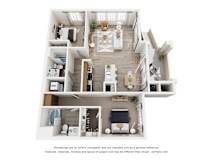 A 3D floor plan of a house with rooms labeled.