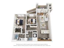 A 3D floor plan of a small apartment with a kitchen, living room, and bathroom.
