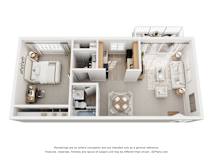A 3D floor plan of a 1 bedroom apartment
