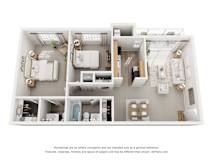 A 3D floor plan of a 2 bedroom apartment