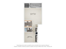A floor plan of a small apartment with a living room, kitchen, bathroom and bedroom.