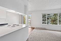 A white kitchen with a stove top oven and a window with a view of trees.