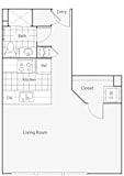 A floor plan of a living room with a kitchen and bath.