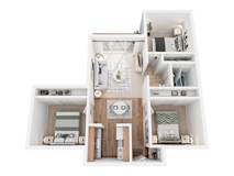 A white dollhouse with a kitchen, living room, and bedroom.