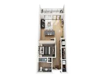 A top down view of a small apartment with a kitchen, living room, and bathroom.