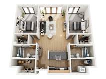 A top-down view of a small apartment layout with a living room, kitchen, and bedrooms.
