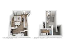 A floor plan of a two-bedroom apartment with a living room, kitchen, and bathroom.