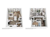Two floor plans of a house with a living room, kitchen, and bedrooms.