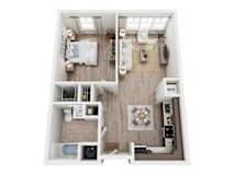 A top down view of a small apartment with a bedroom, living room, and kitchen.