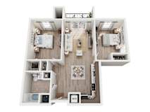 A top-down view of a small apartment layout with a living room, kitchen, and two bedrooms.