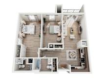 A top-down view of a small apartment layout with a kitchen, living room, and bathroom.