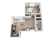A top-down view of a small apartment with a living room, kitchen, and bedroom.