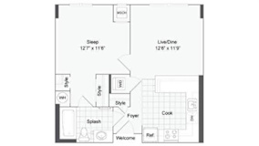 1 bedroom 1 bath floor plan E at Arrive Wheaton, Wheaton, Maryland