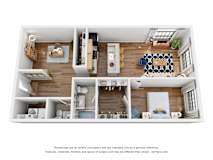 A 3D floor plan of an apartment with a kitchen, living room, and bathroom.