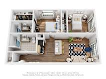 A 3D floor plan of an apartment showing a living room, kitchen, and two bedrooms.