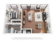 A 3D floor plan of a house with a kitchen, living room, and bathroom.