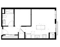 A black and white floor plan of a house with a kitchen, living room, and bathroom.