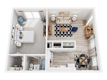 A top-down view of a modern, minimalist apartment with a kitchen, living room, and bathroom.