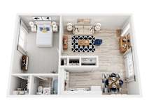 A top down view of a modern kitchen and living room.