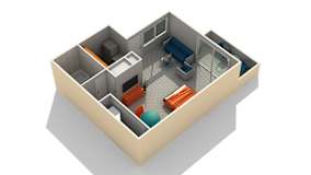 A 3D image of a house layout with a kitchen, living room, and bathroom.