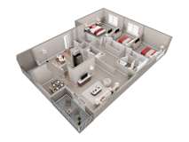 A 3D image of a house layout with multiple rooms and furniture.
