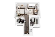 A white and wood floor plan of a house with a kitchen, living room, and two bedrooms.