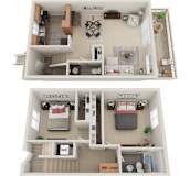 A floor plan of a two-bedroom apartment with a living room, kitchen, and bathroom.