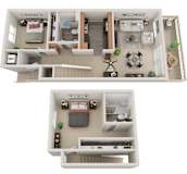 A 3D floor plan of a two-bedroom apartment with a living room, kitchen, and bathroom.