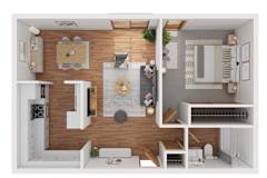A modern kitchen with a wooden backsplash and white cabinets.
