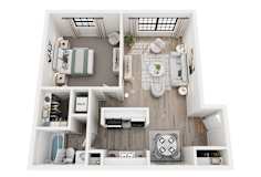 A top-down view of a small, neatly organized apartment with a kitchen, living room, and bathroom.