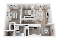 A top-down view of a small apartment with a kitchen, living room, and bathroom.