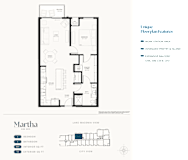 A floor plan of a one bedroom apartment named Martha with a lake view.