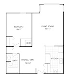 A floor plan of a small apartment with a bedroom, living room, kitchen, dining area and bathroom.