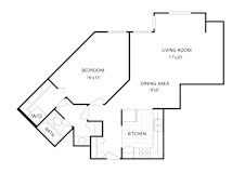 A floor plan of a home with a living room, dining area, kitchen, bedroom and bathroom.