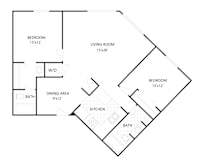 A black and white image of a floor plan for a home with a living room, dining area, kitchen, and two bedrooms.