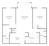 A black and white image of a floor plan for a house with three bedrooms, a living room, a dining room, a kitchen, and two bathrooms.