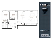 A floor plan for a two bedroom apartment with a living area and kitchen/dining space.