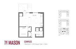 A floor plan for a one bedroom apartment at The Mason Apartments.